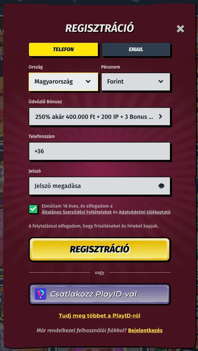 Regisztrációs űrlap az Allyspin casino